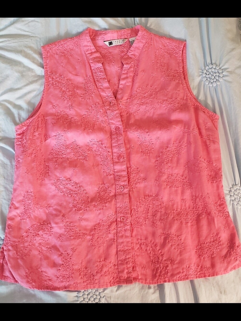 Carole Little Coral Pink Sleeveless Embroidered Button-Down Top, XL, EUC